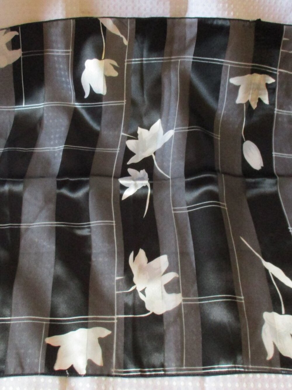 Sheer & Solid Black Checked 100% Polyester Scarf With White Floral Design 19"